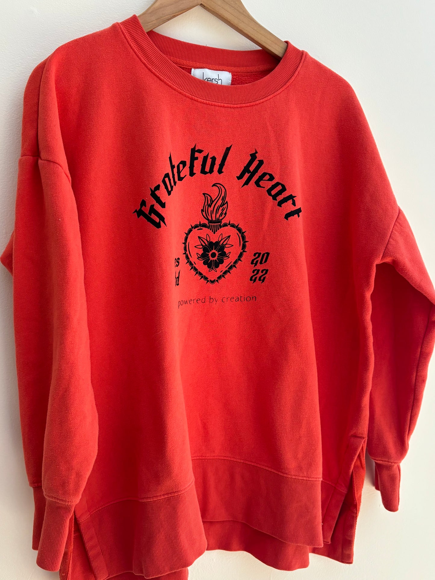 One of a Kind Upcyled Spiritual Streetwear Orange Grateful Heart Crewneck Sweater