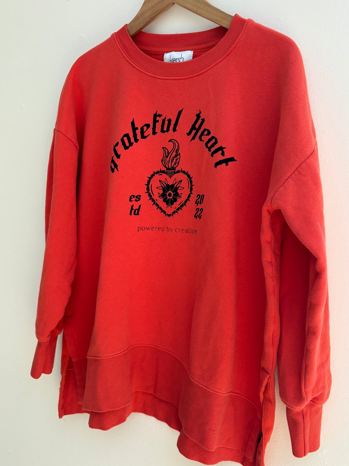 One of a Kind Upcyled Spiritual Streetwear Orange Grateful Heart Crewneck Sweater