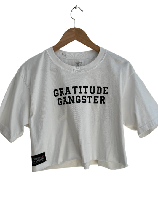 One of a Kind Upcycled Spiritual Streetwear Gratitude Gangster Cropped white Tee