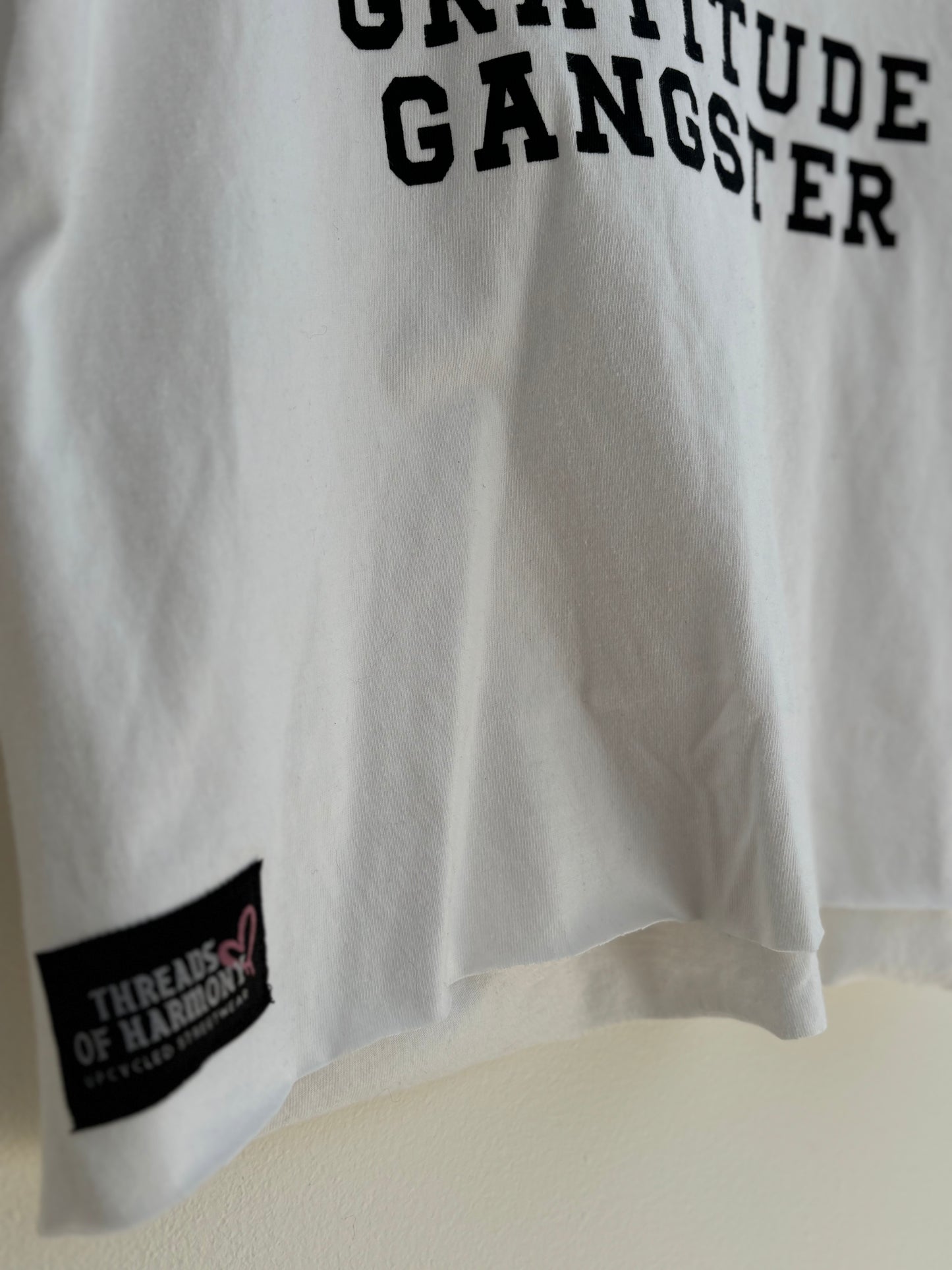 One of a Kind Upcycled Spiritual Streetwear Gratitude Gangster Cropped white Tee