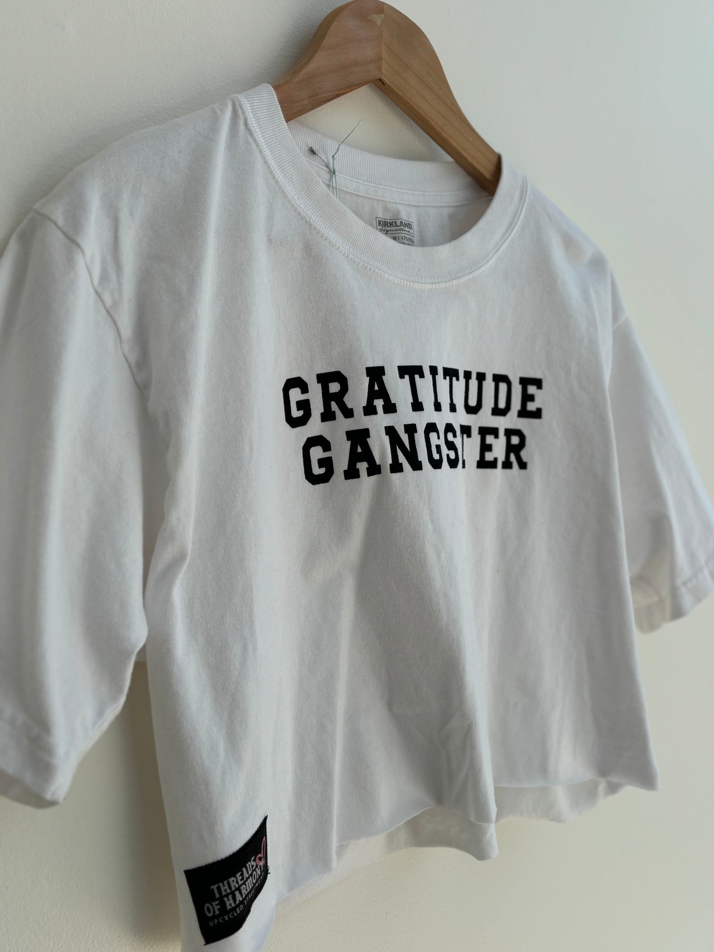 One of a Kind Upcycled Spiritual Streetwear Gratitude Gangster Cropped white Tee