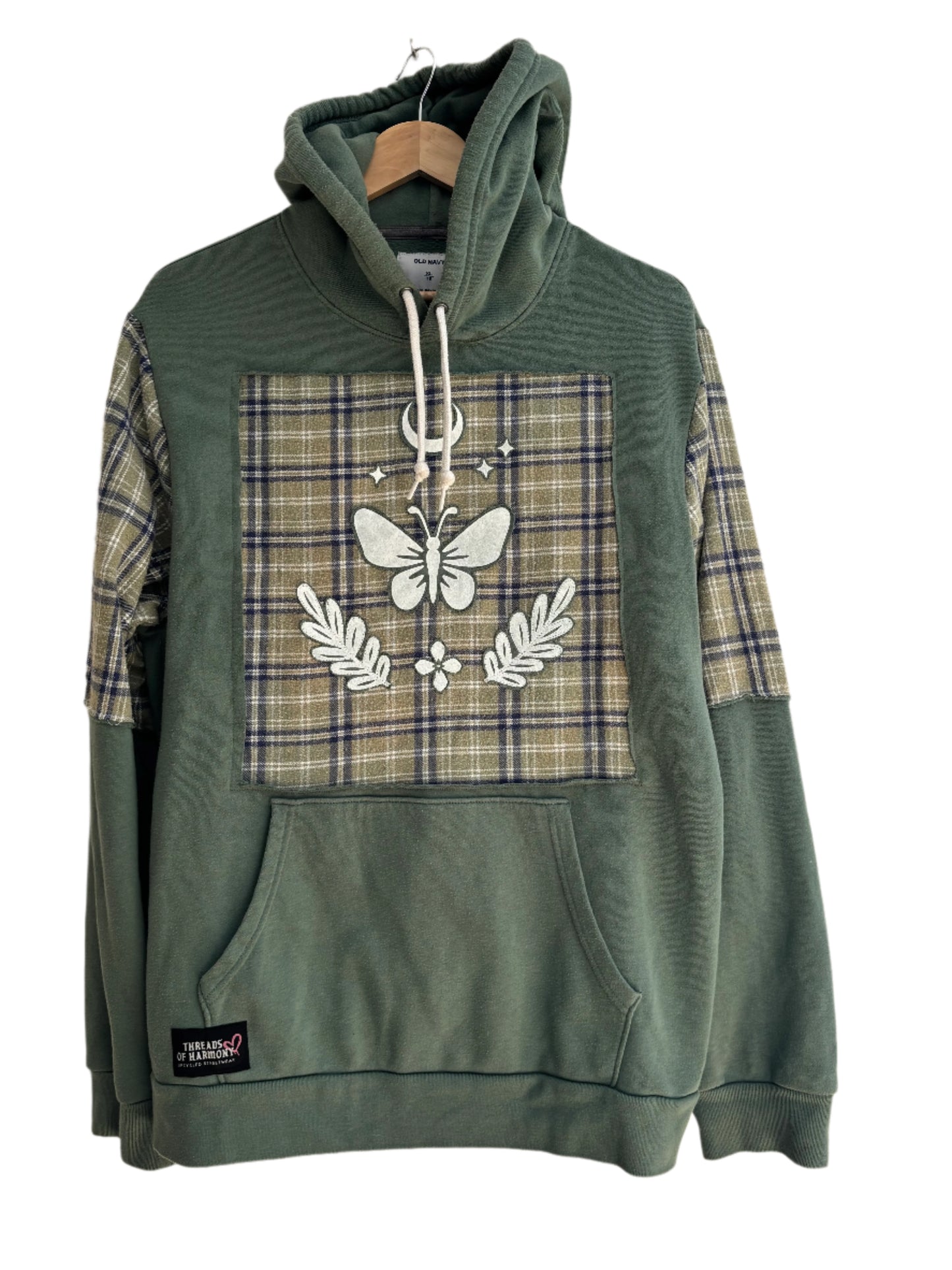 One of a Kind Spiritual Streetwear Green Plaid Butterlfy Moon Hoodie