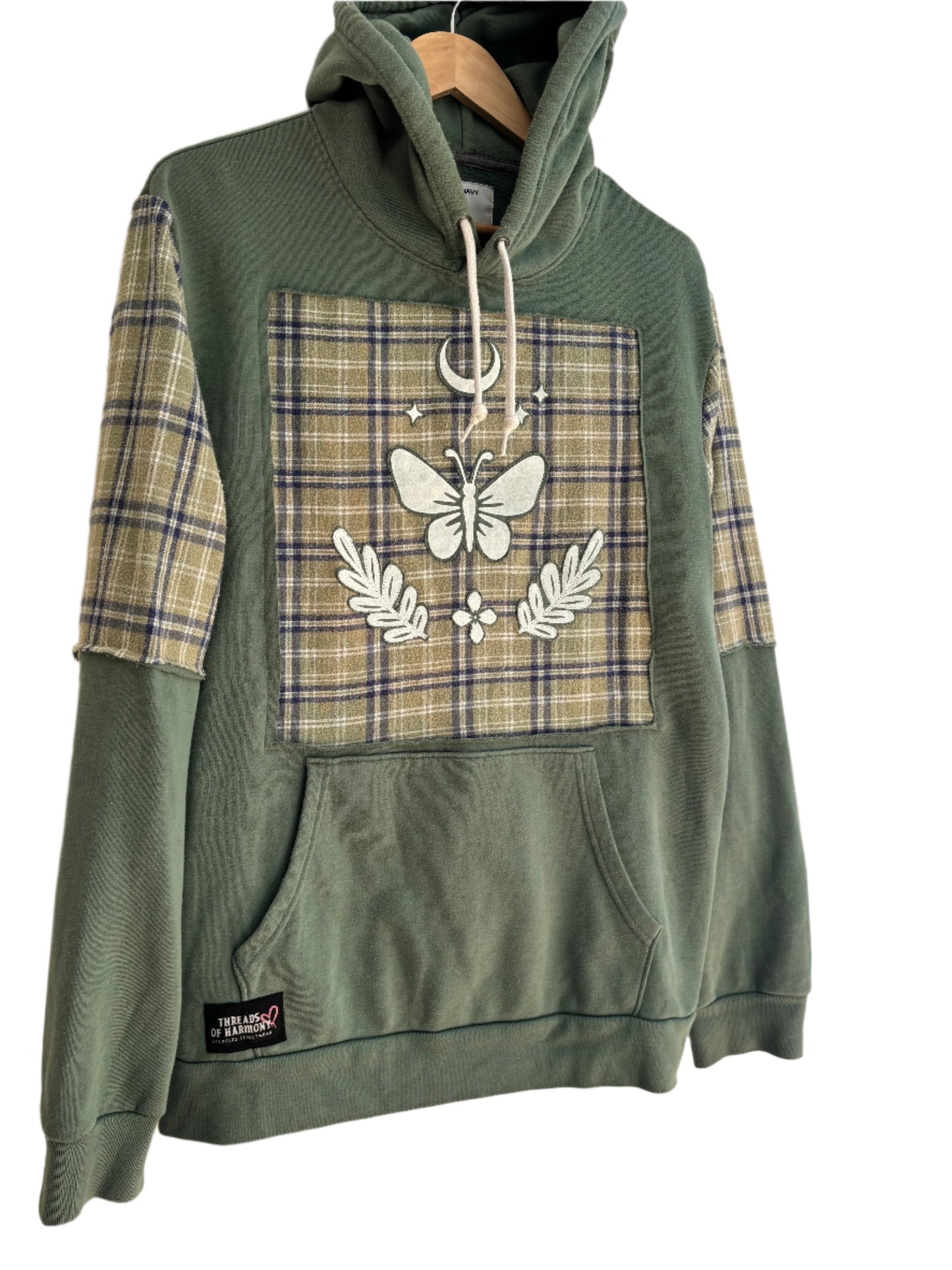 One of a Kind Spiritual Streetwear Green Plaid Butterlfy Moon Hoodie