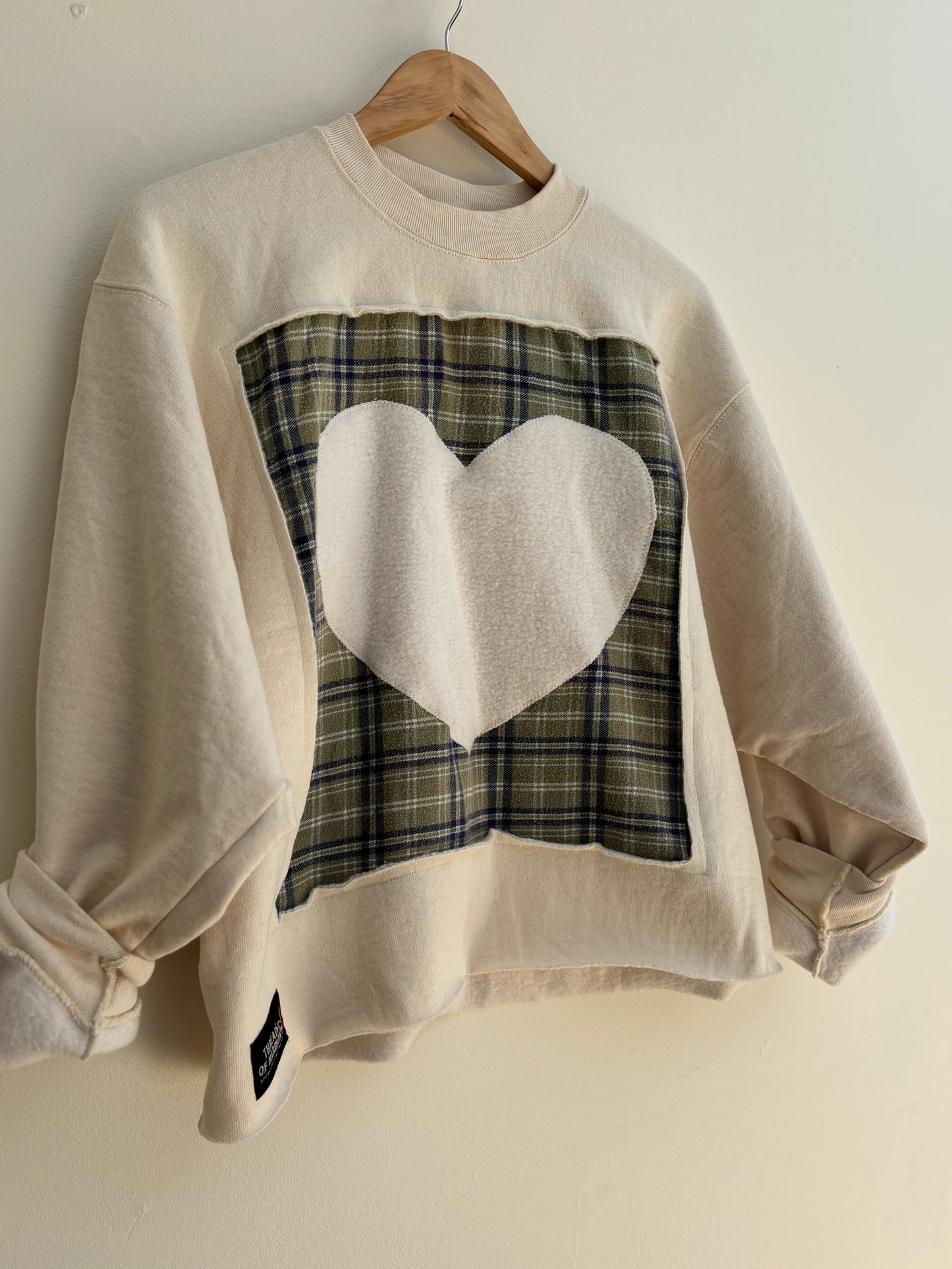 One of a Kind Upcycled Spiritual Streetwear White Heart Crewneck Sweatshirt