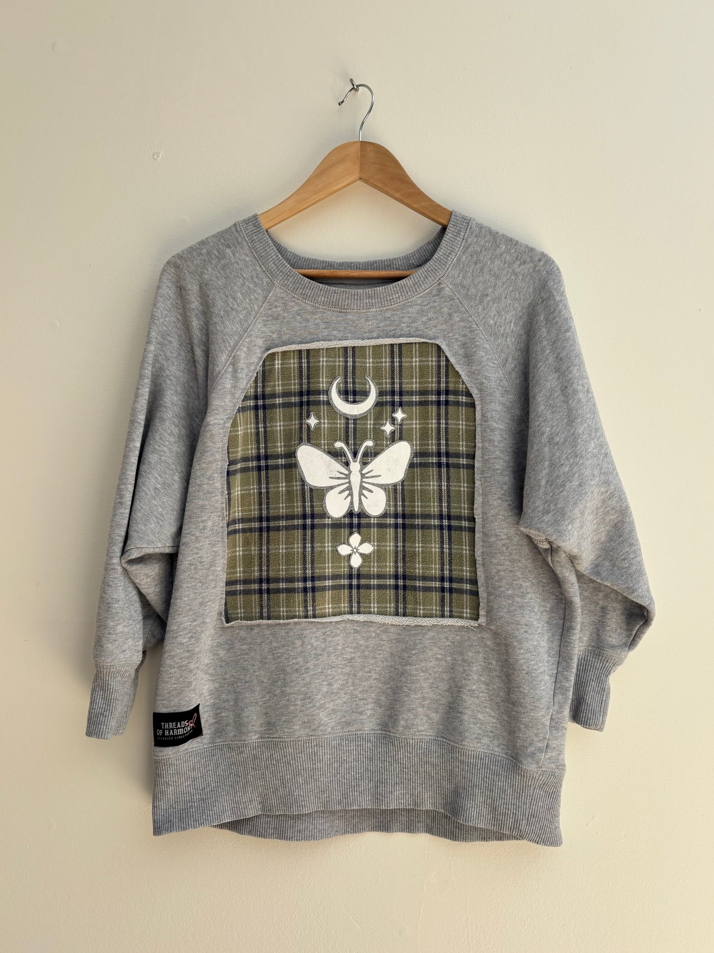 One of a Kind Spiritual Streetwear Grey Plaid wideneck Butterfly and Moon Sweatshirt