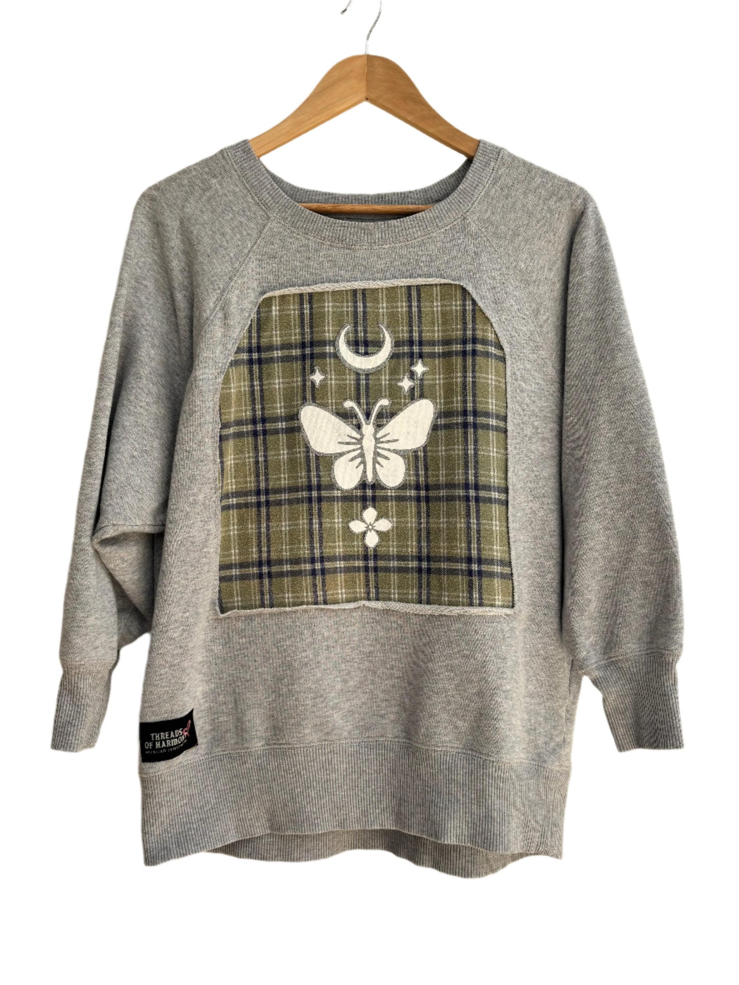 One of a Kind Spiritual Streetwear Grey Plaid wideneck Butterfly and Moon Sweatshirt