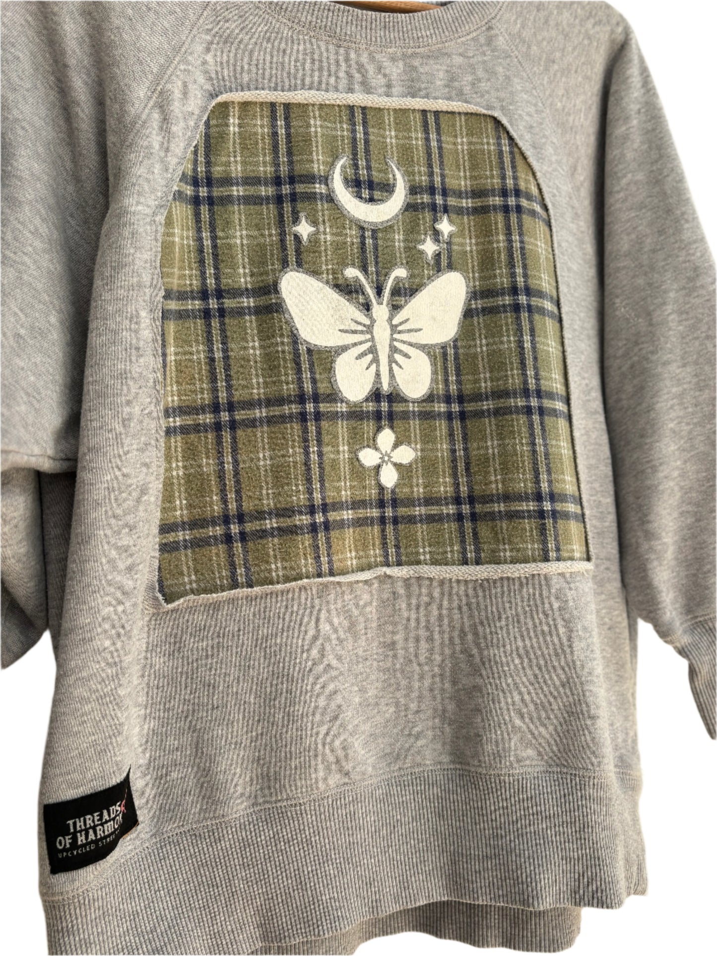 One of a Kind Spiritual Streetwear Grey Plaid wideneck Butterfly and Moon Sweatshirt