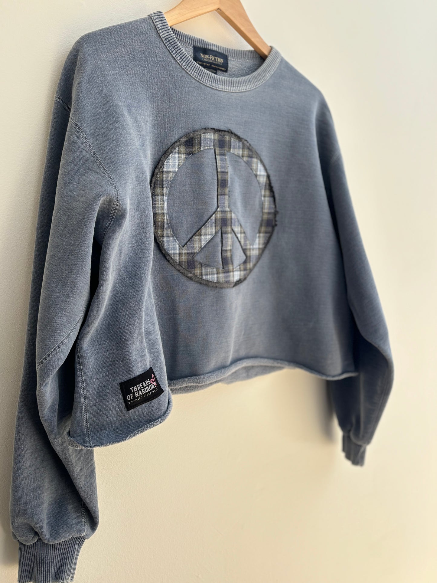 One of a Kind Upcyled Spiritual Streetwear Denim Blue Peace Sign Crewneck Sweatshirt