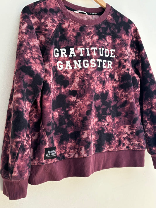 One of a Kind Upcycled Spiritual Streetwear Purple tiedyed Gratitude Gangster Crewneck