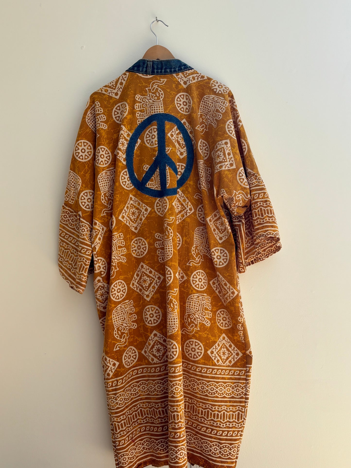 One of a Kind Upcycled Spiritual Streetwear Kimono with Peace Sign