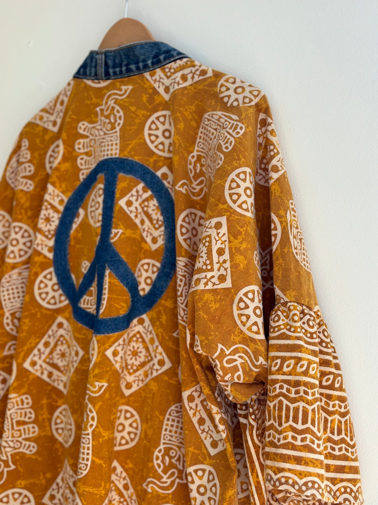 One of a Kind Upcycled Spiritual Streetwear Kimono with Peace Sign