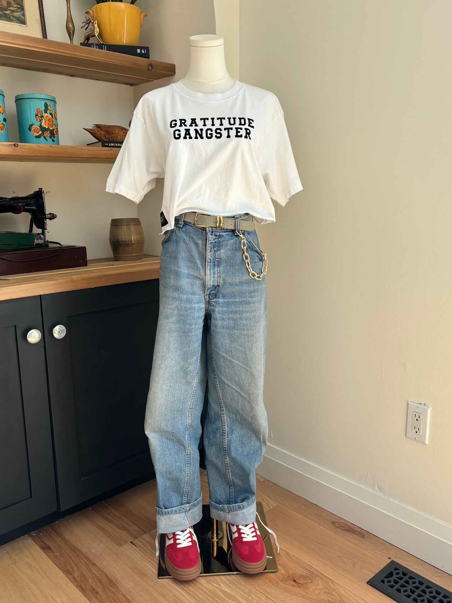 One of a Kind Upcycled Spiritual Streetwear Gratitude Gangster Cropped white Tee