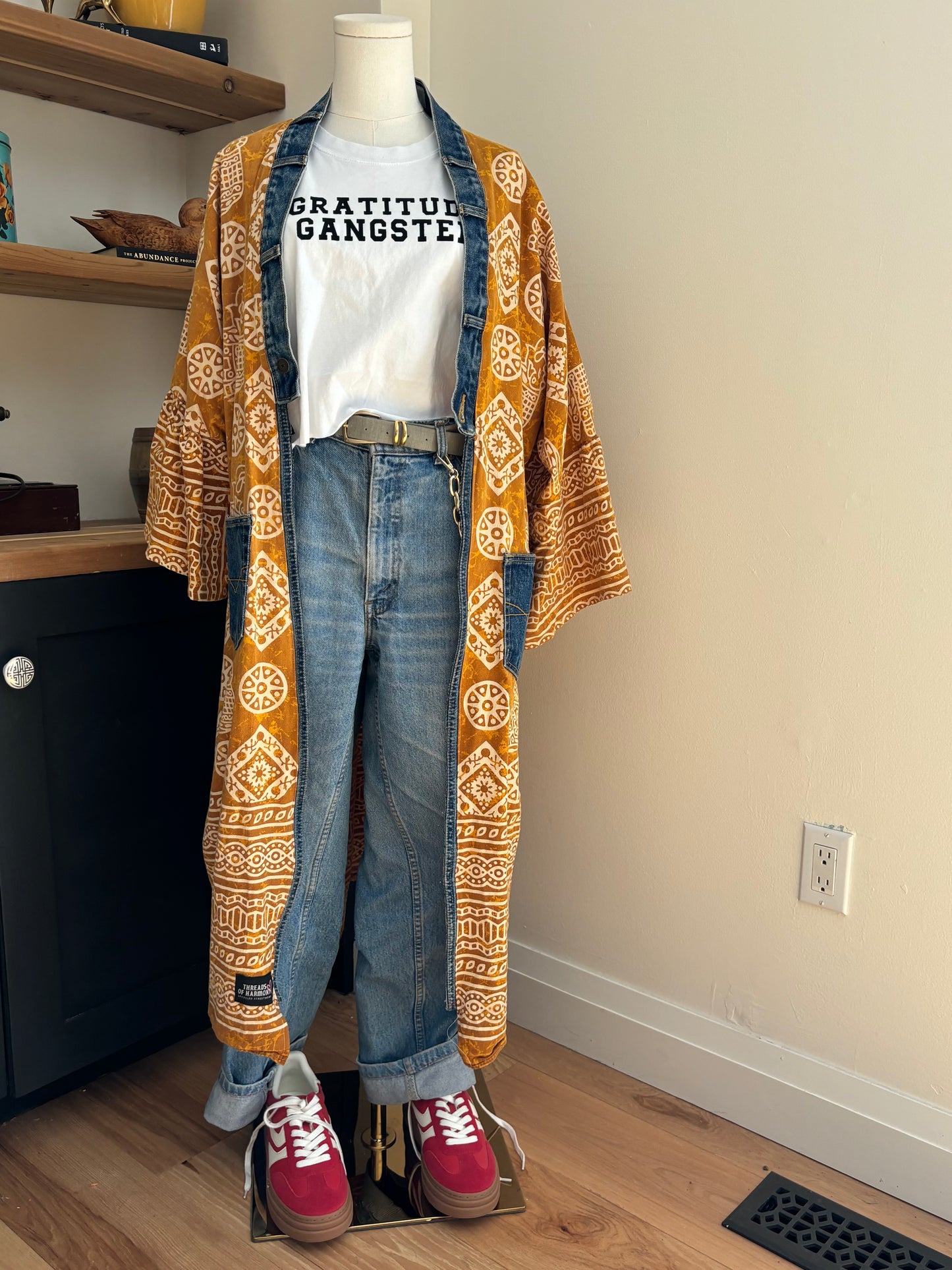 One of a Kind Upcycled Spiritual Streetwear Kimono with Peace Sign