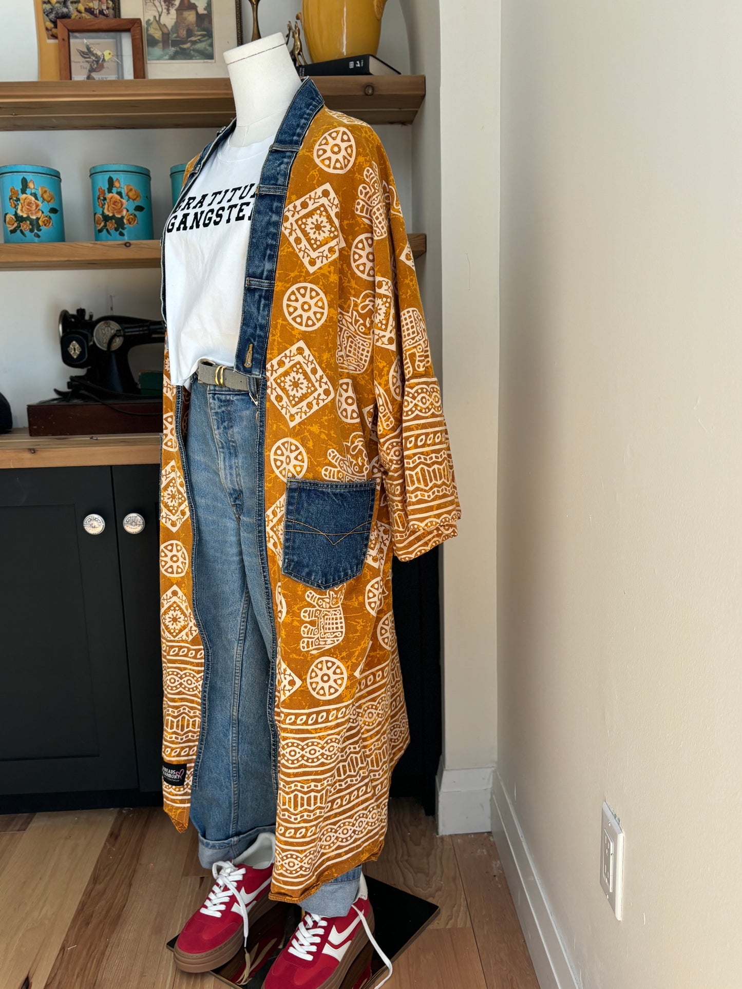 One of a Kind Upcycled Spiritual Streetwear Kimono with Peace Sign