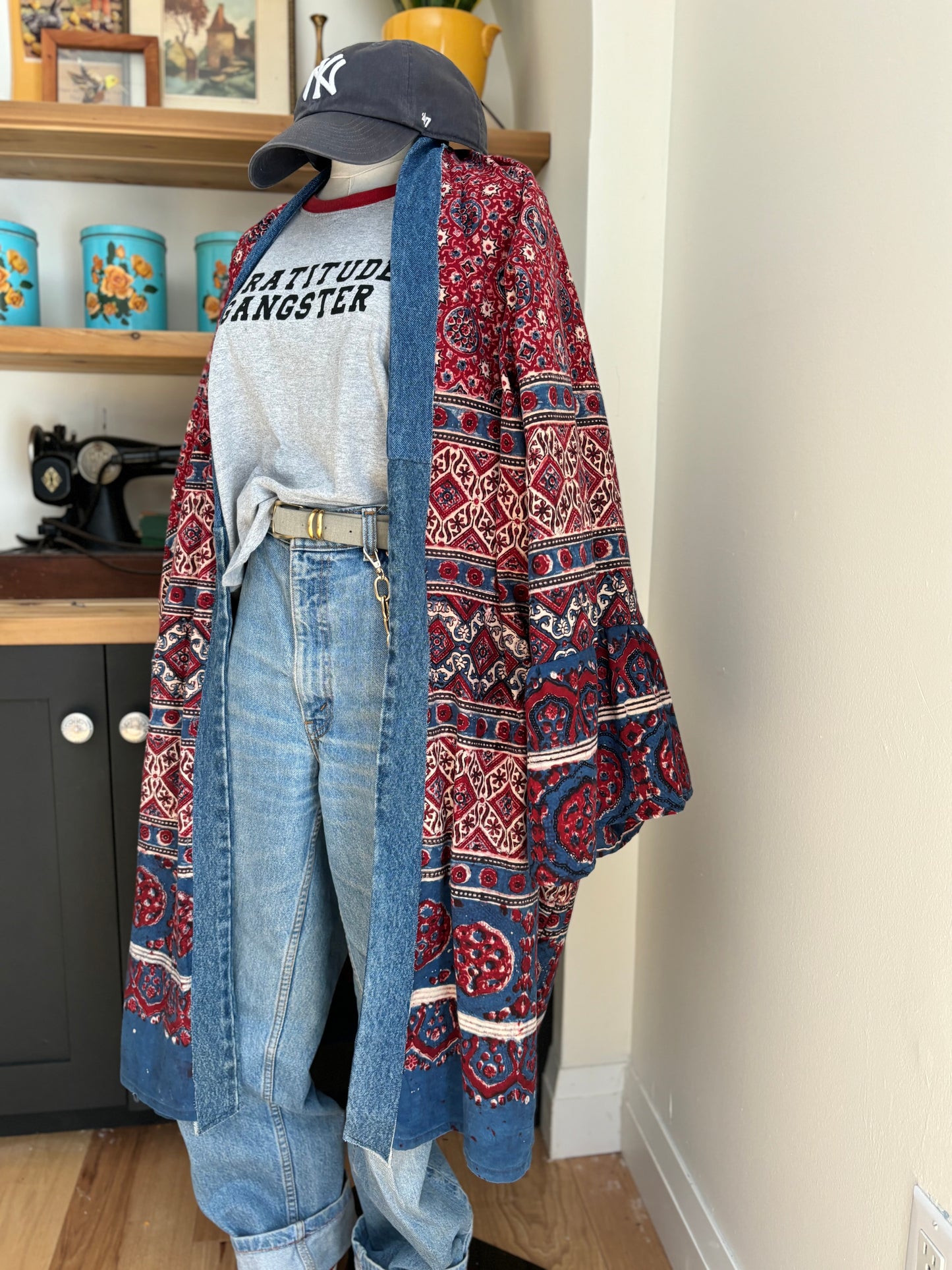 One of a Kind Upcycled Spiritual Streetwear Boho Kimono with Denim