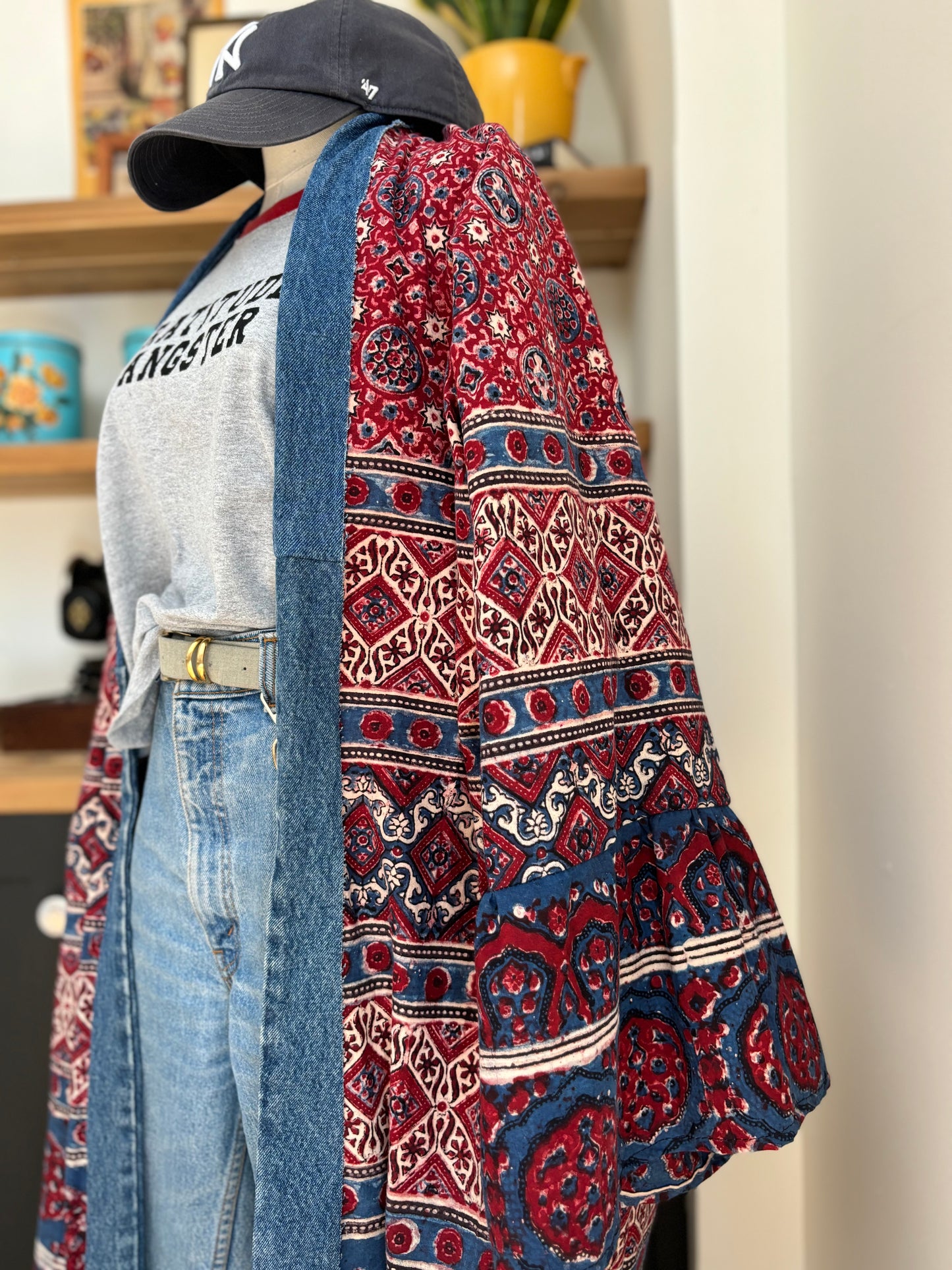 One of a Kind Upcycled Spiritual Streetwear Boho Kimono with Denim