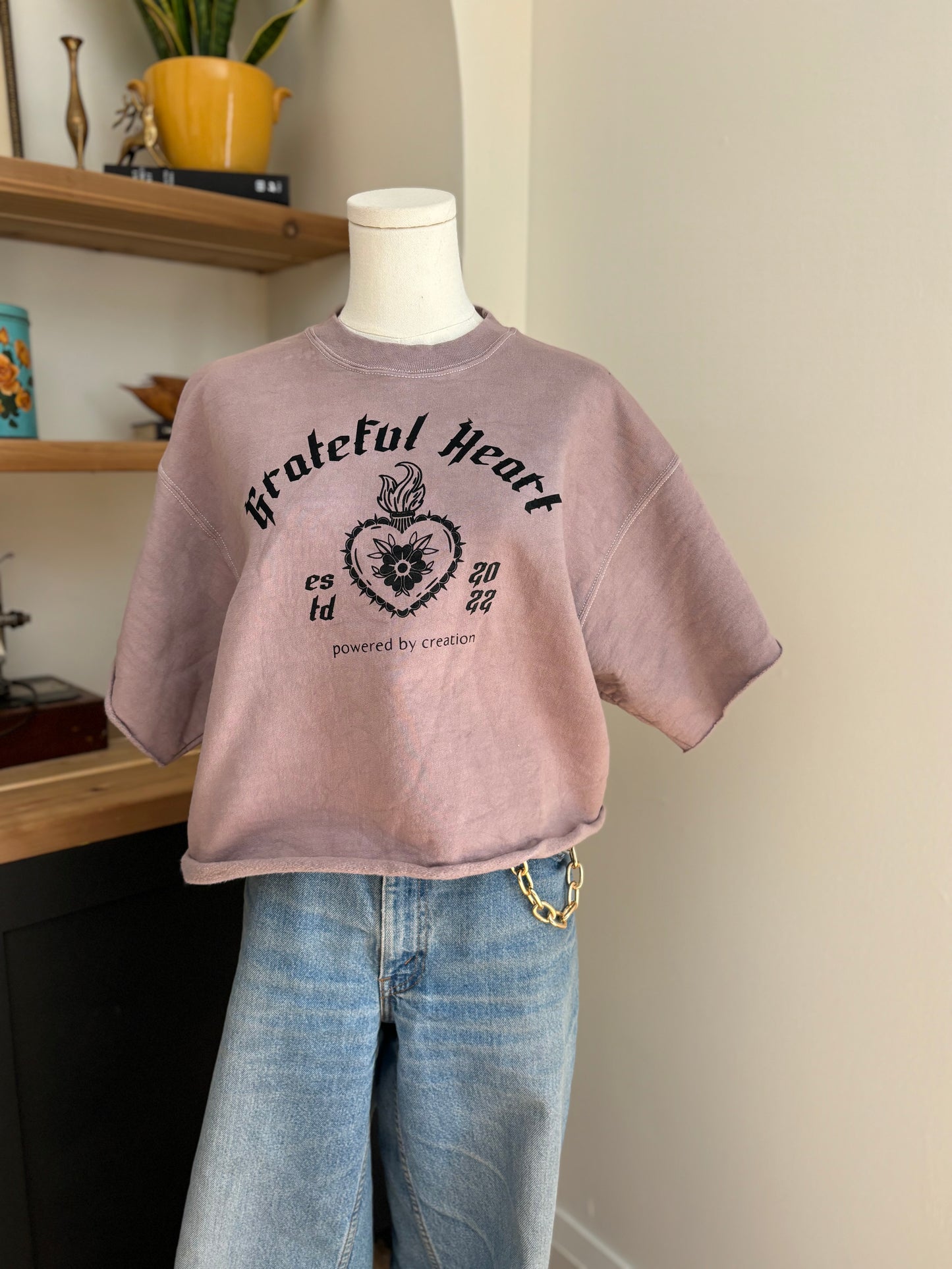 One of a Kind Upcycled Spiritual Streetwear Purple Gratitude Crewneck Sweater