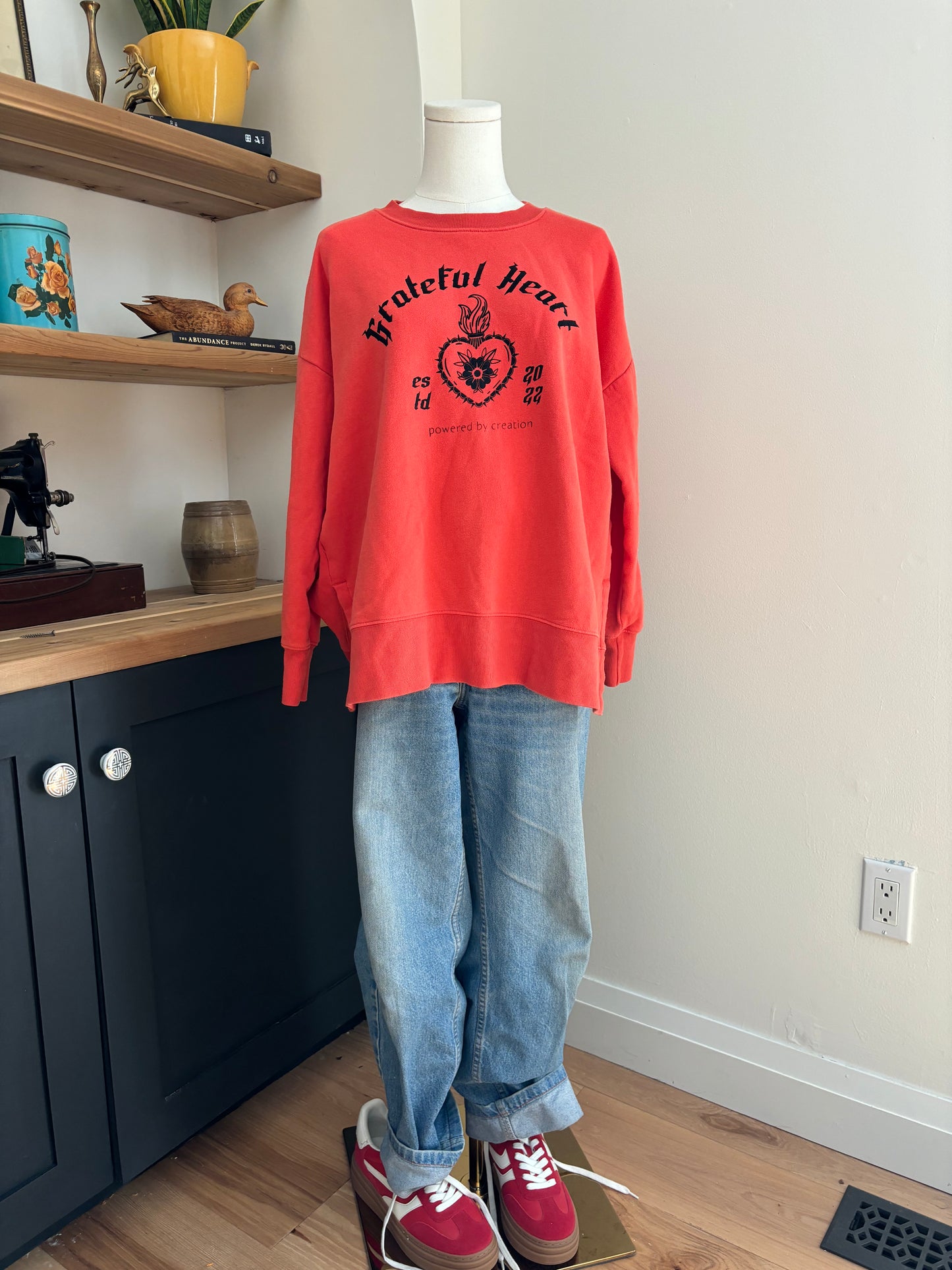 One of a Kind Upcyled Spiritual Streetwear Orange Grateful Heart Crewneck Sweater