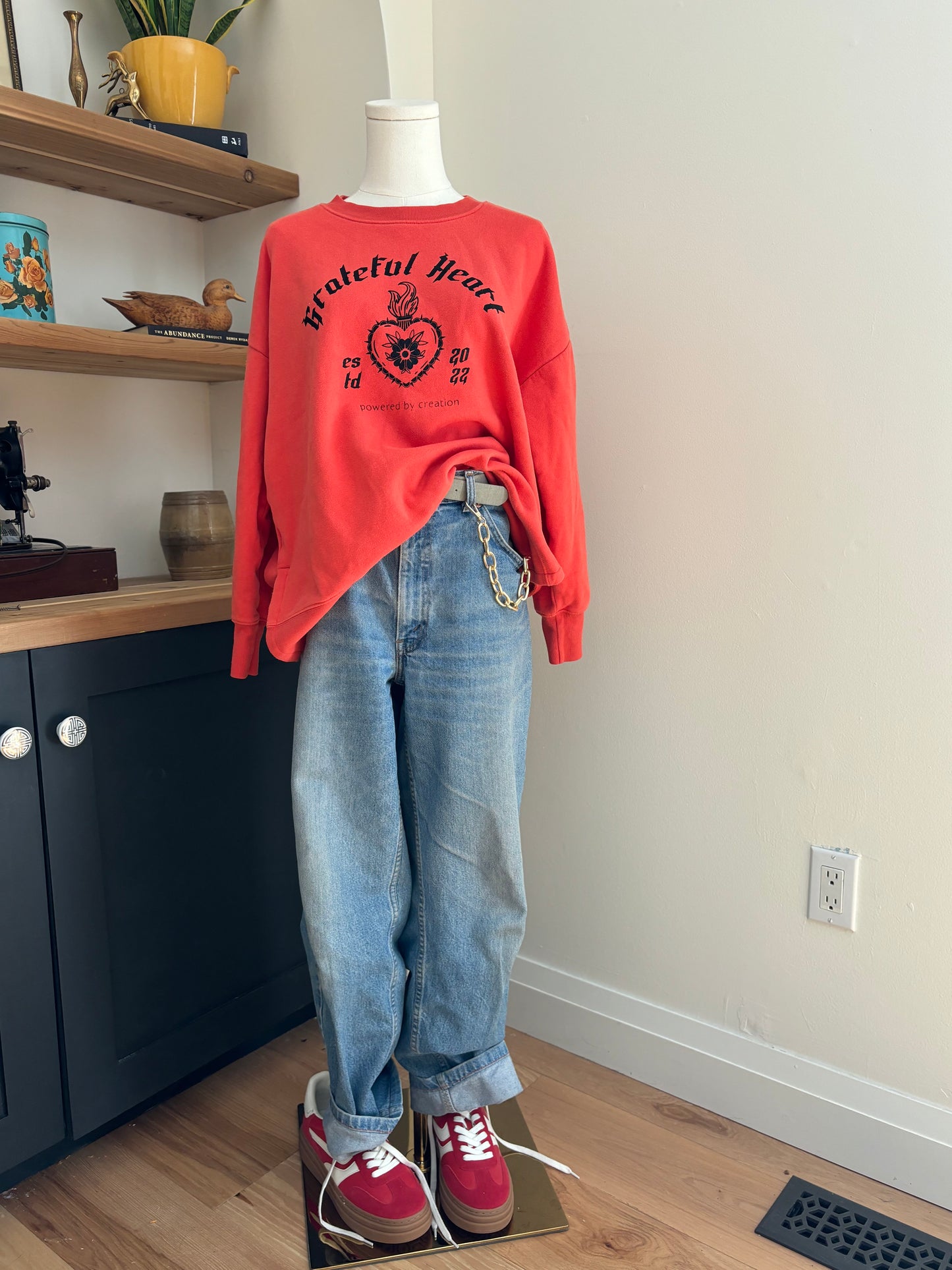 One of a Kind Upcyled Spiritual Streetwear Orange Grateful Heart Crewneck Sweater