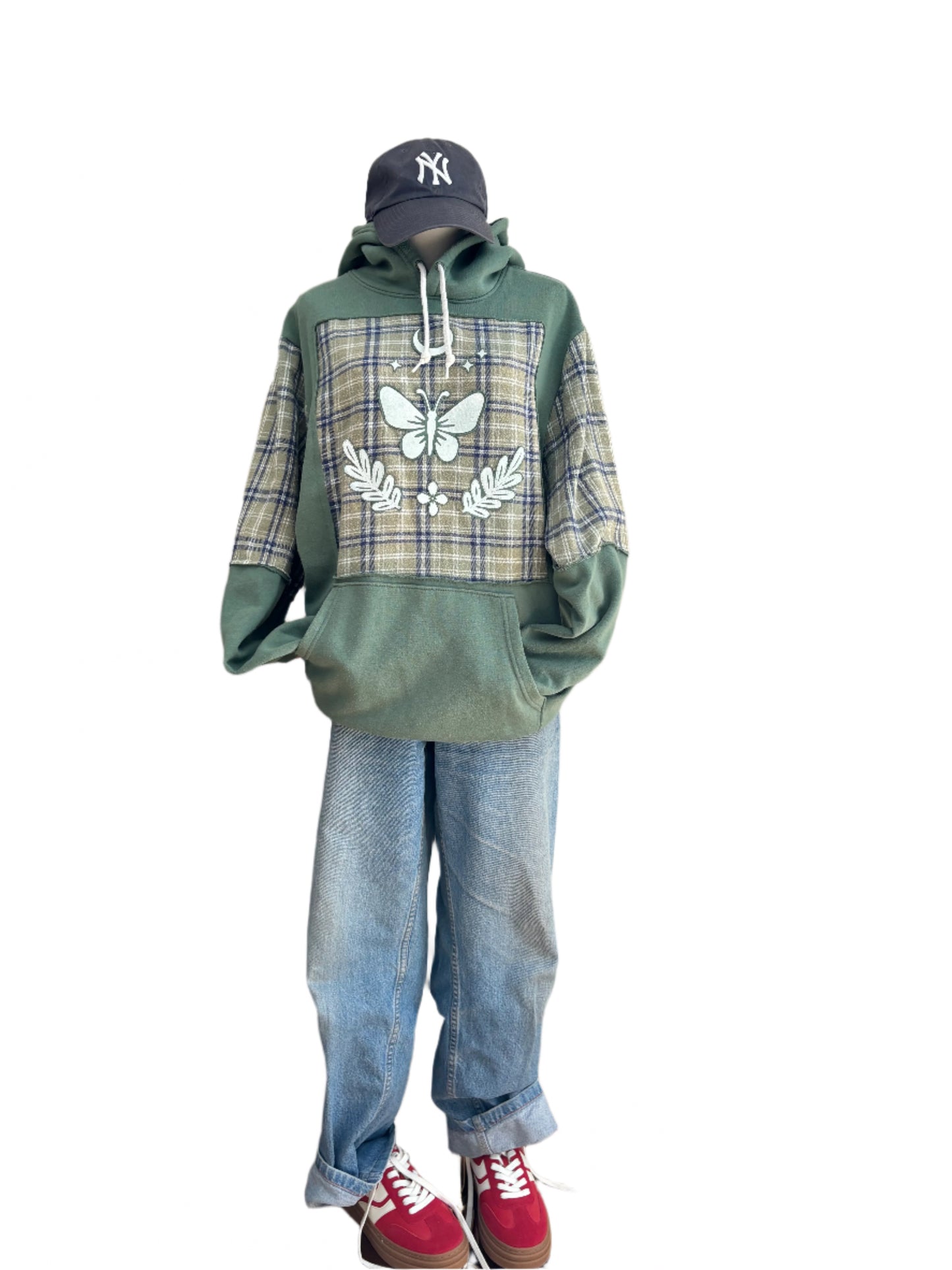 One of a Kind Spiritual Streetwear Green Plaid Butterlfy Moon Hoodie