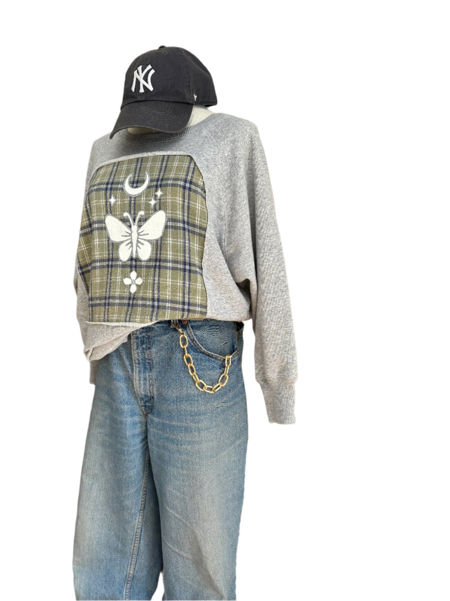 One of a Kind Spiritual Streetwear Grey Plaid wideneck Butterfly and Moon Sweatshirt