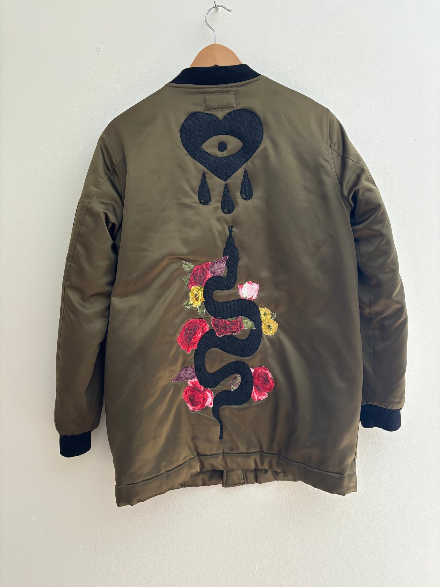 One of a Kind Spiritual Streetwear Green Bomber Jacket with Snake and Heart