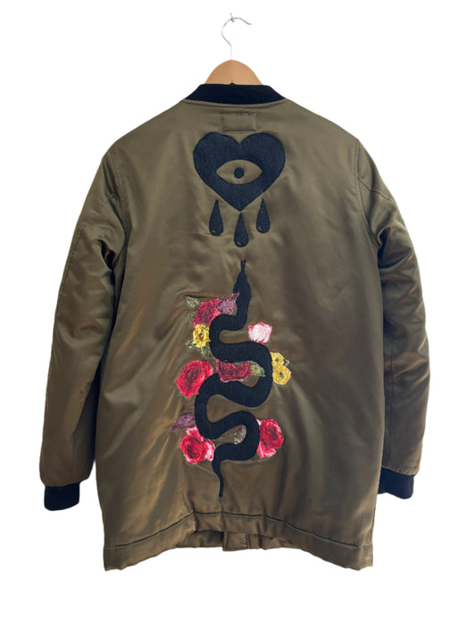 One of a Kind Spiritual Streetwear Green Bomber Jacket with Snake and Heart